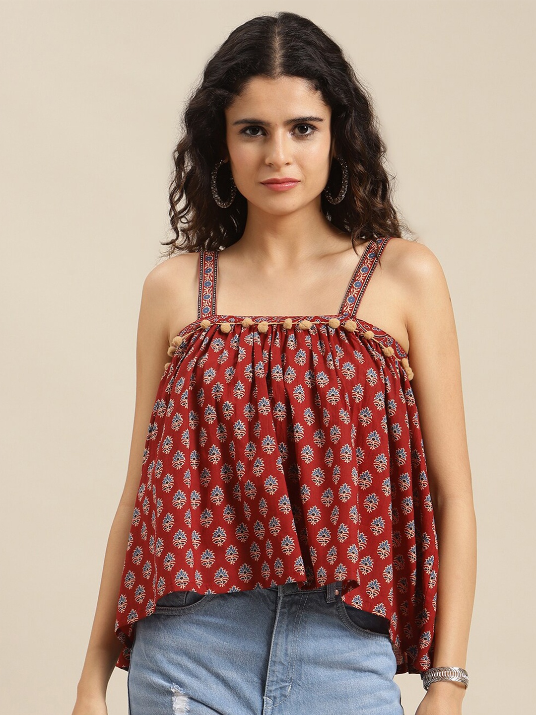 

Varanga Maroon Printed Cotton Top
