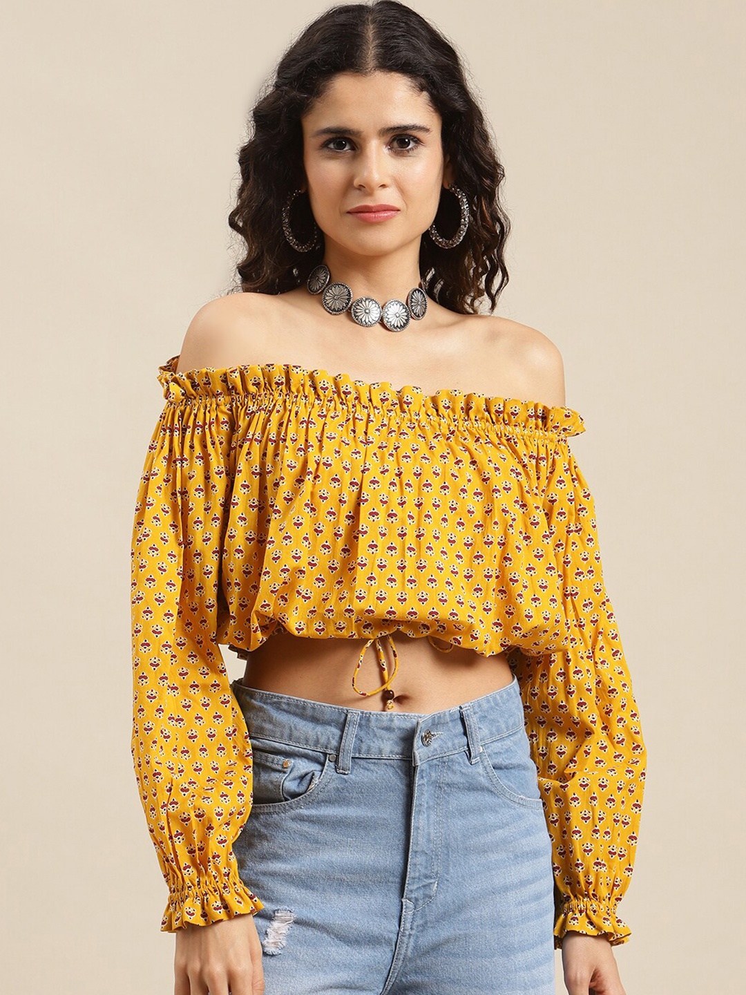 

Varanga Mustard Yellow & Maroon Printed Off-Shoulder Bardot Crop Top