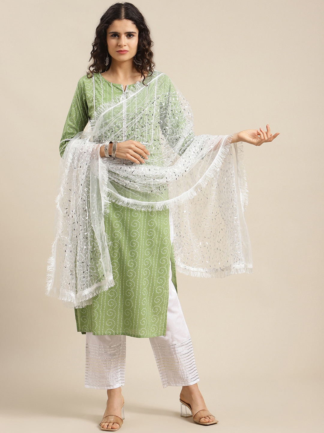 

Varanga Women Green Printed Pure Cotton Kurta with Trousers & With Dupatta
