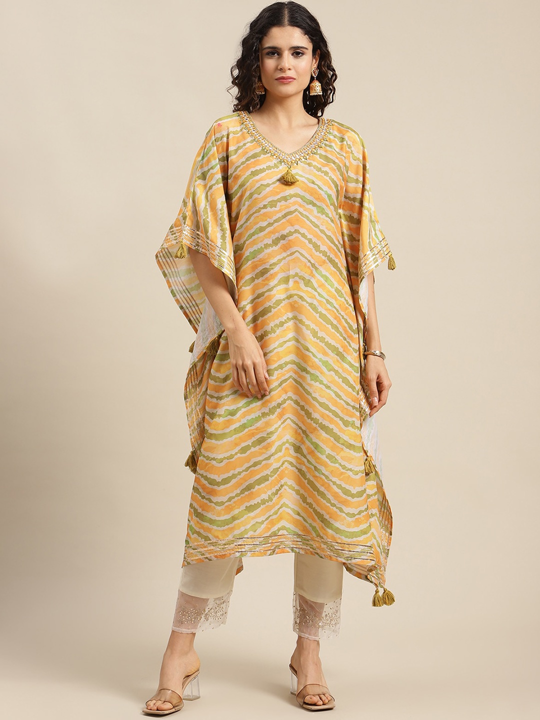 

Varanga Women Yellow Striped Flared Sleeves Kaftan Kurta