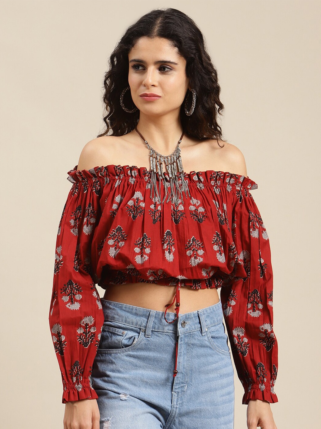 

Varanga Red & Grey Floral Print Off-Shoulder Ruffles Bardot Crop Top