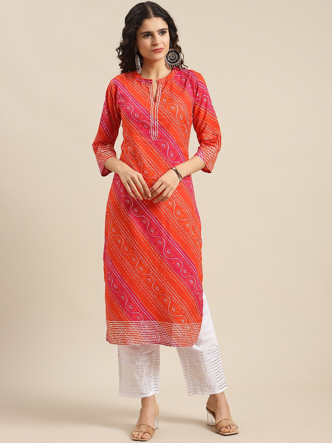 

Varanga Women Orange Bandhani Motifs Printed Pure Cotton Kurta
