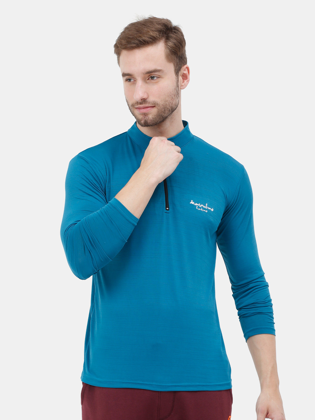 

Masculino Latino Men Teal Blue High Neck Sports T-shirt with Rapid Dry Technology