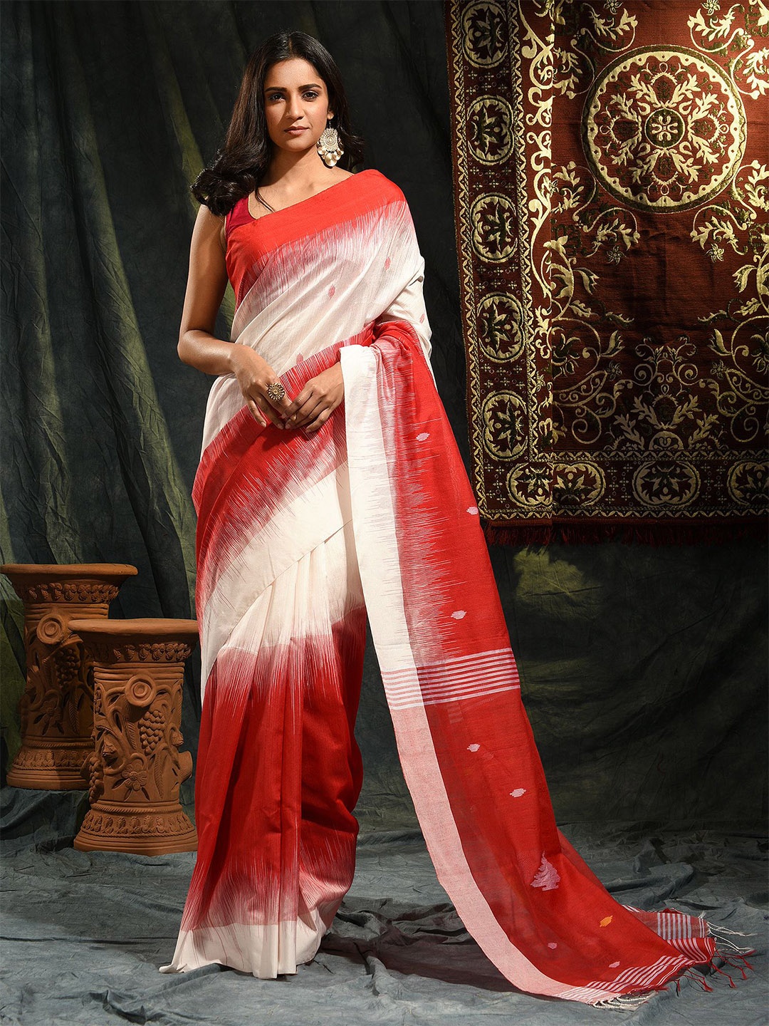 

Mitera White & Red Woven Design Saree