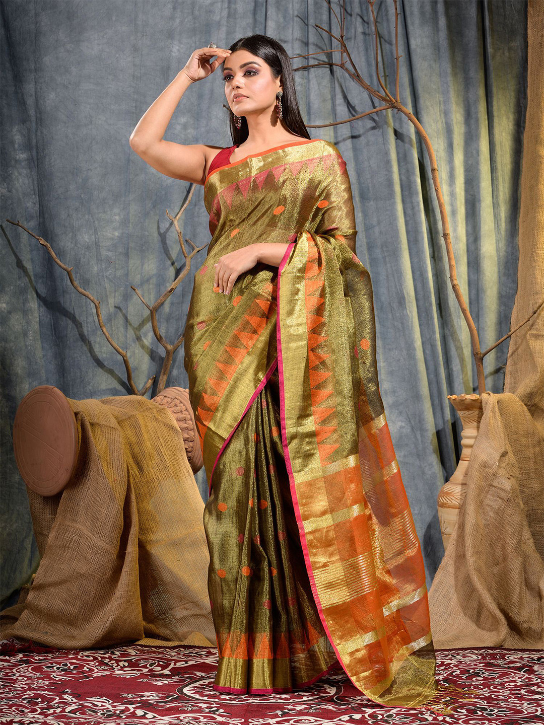 

Mitera Gold & Orange Woven Design Linen Blend Handloom Saree