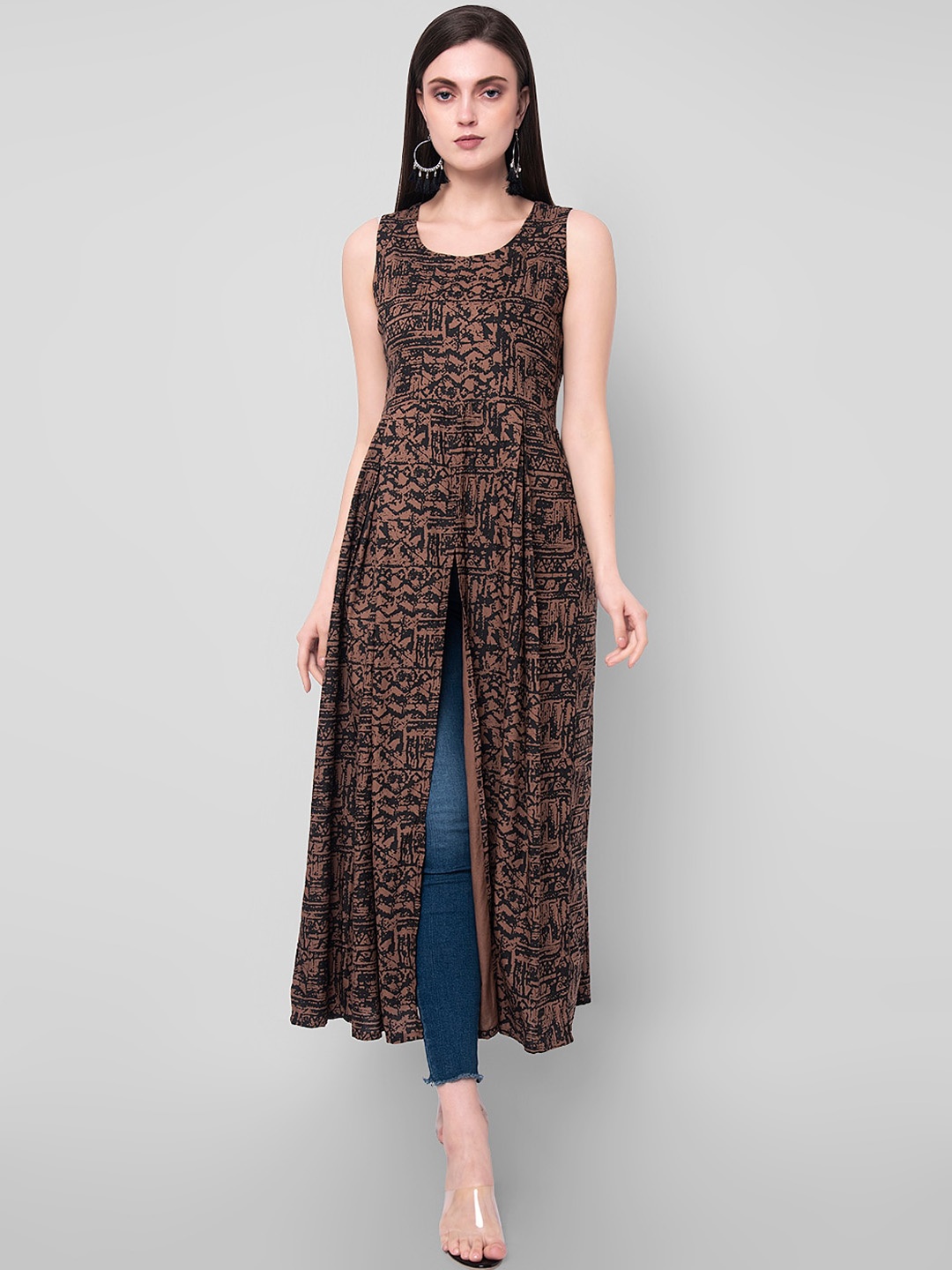 

KALINI Women Brown & Black Abstract Print A-Line Kurta