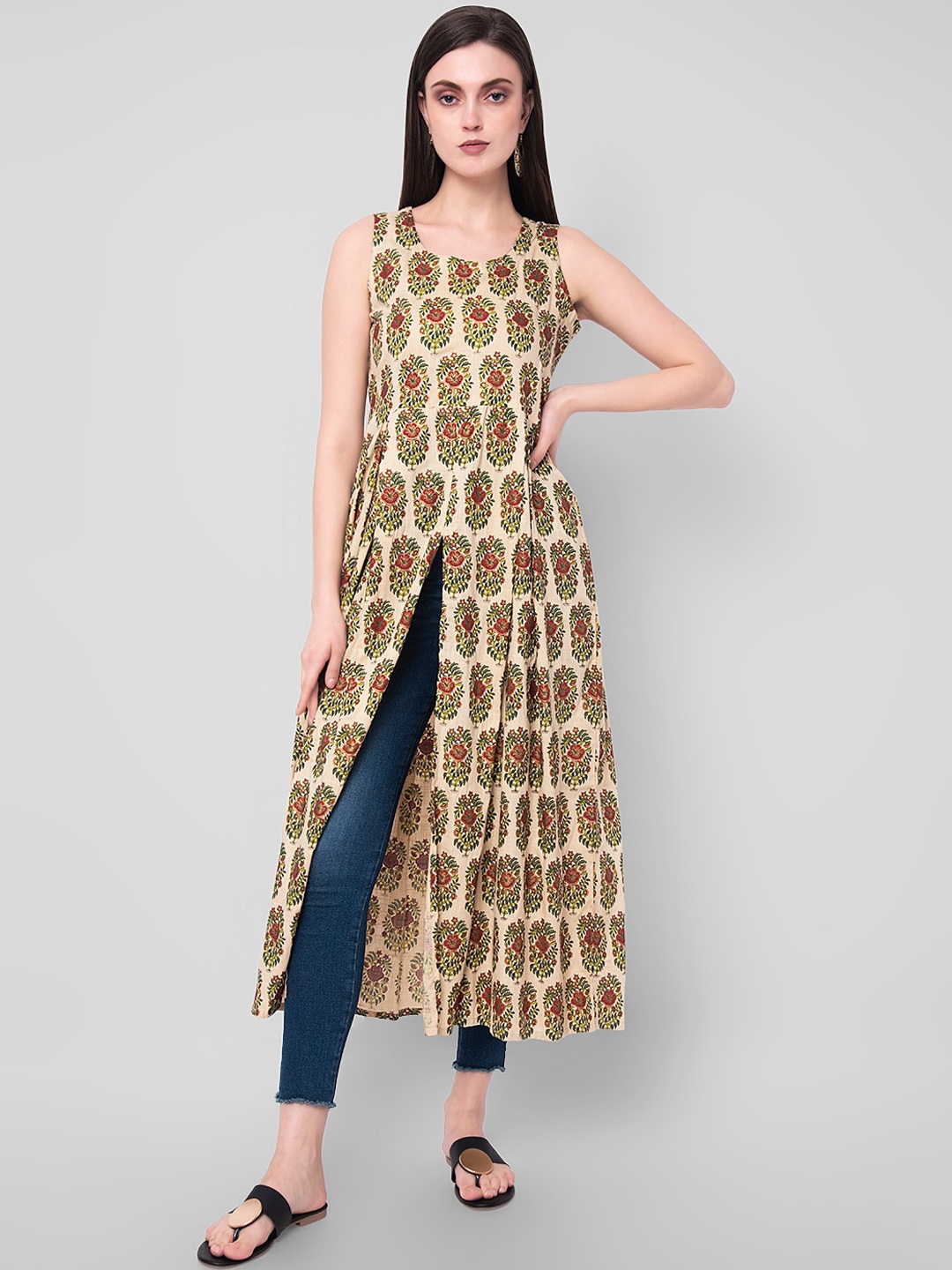 

KALINI Women Beige & Olive Green Floral Printed A-line Kurta