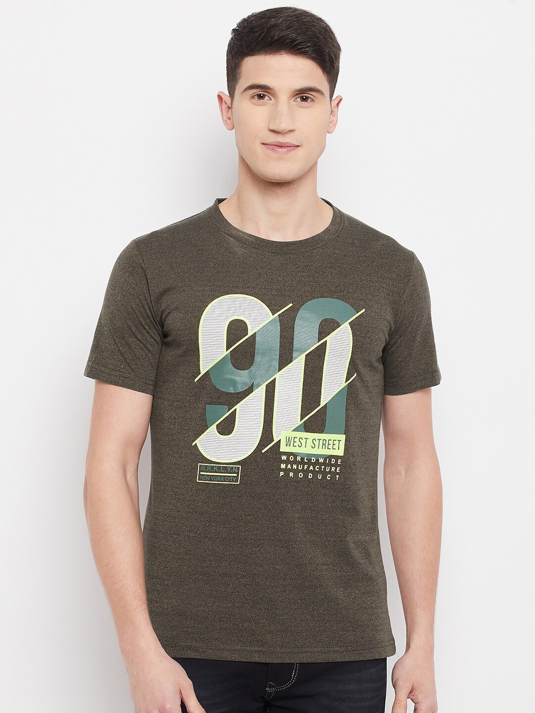 Duke Men Olive Green Typography Printed Cotton Slim Fit T-shirt