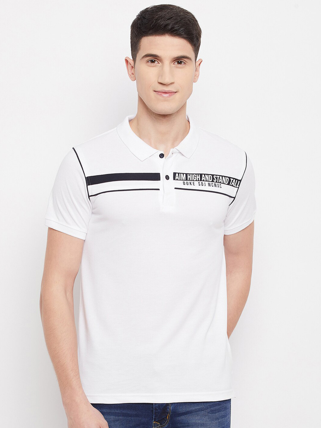 

Duke Men White & Black Striped Polo Collar Slim Fit Cotton T-shirt