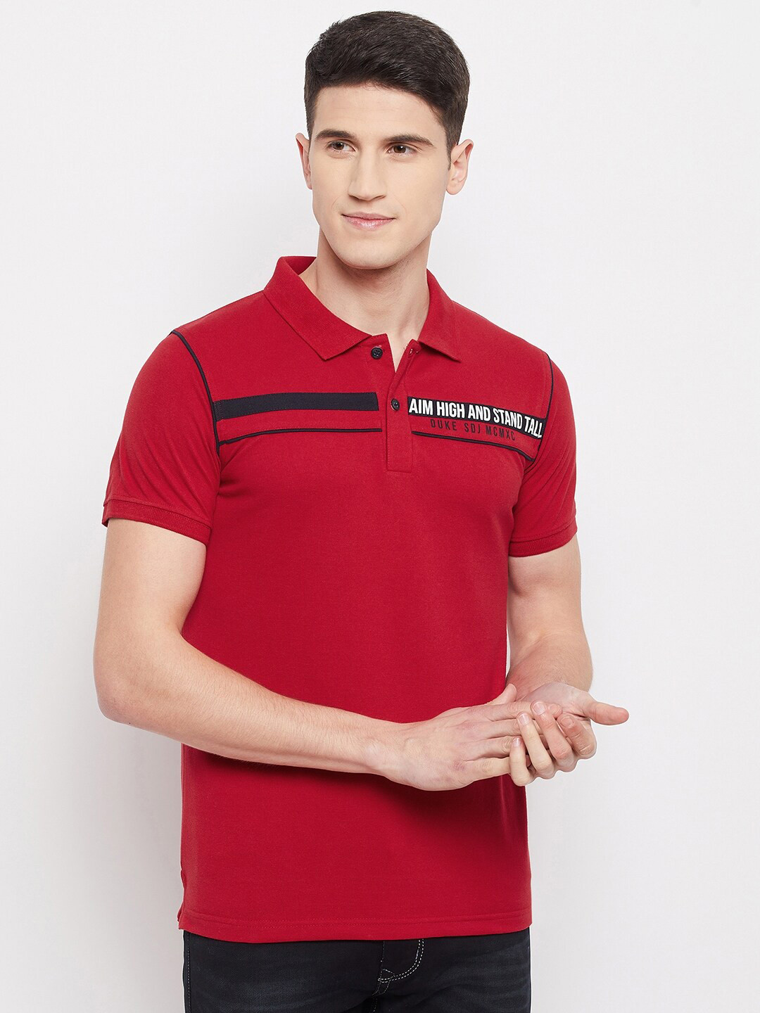 

Duke Men Red Typography Printed Polo Collar Slim Fit T-shirt