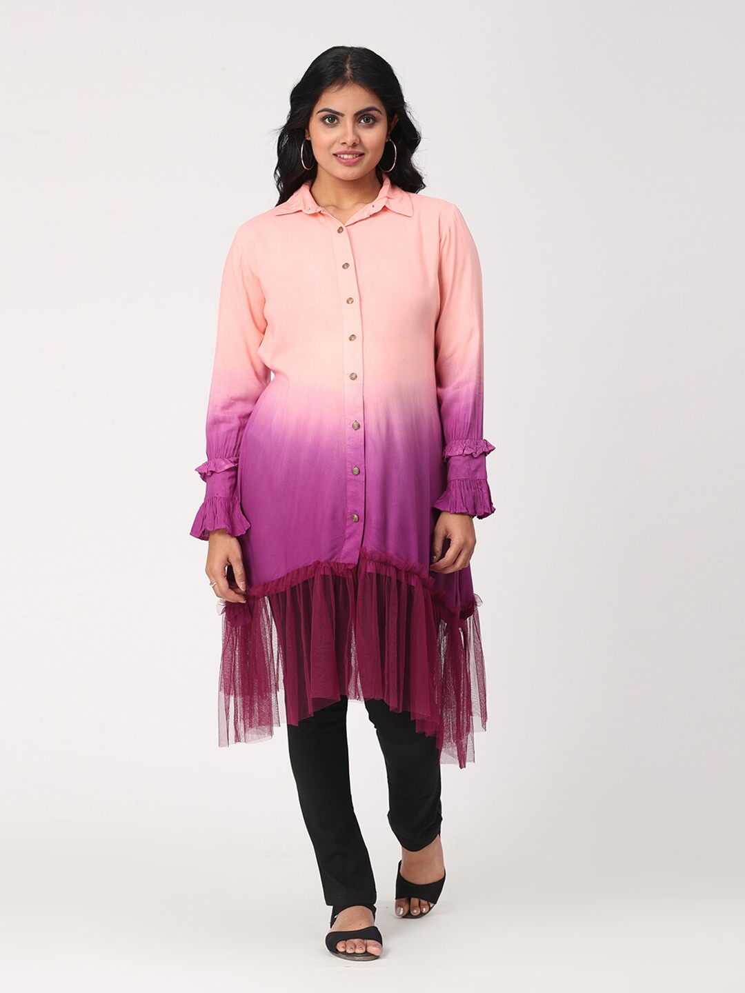 

CHARISMOMIC Peach-Coloured & Purple Ombre Shirt Collar Maternity Tunic
