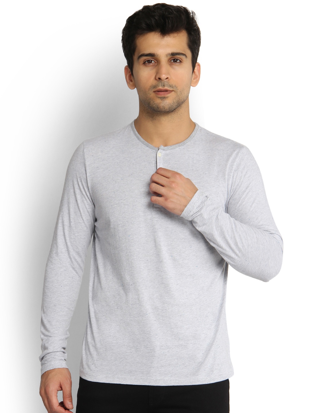 

Blackberrys Men Grey Melange Solid Slim Fit Henley Neck T-shirt