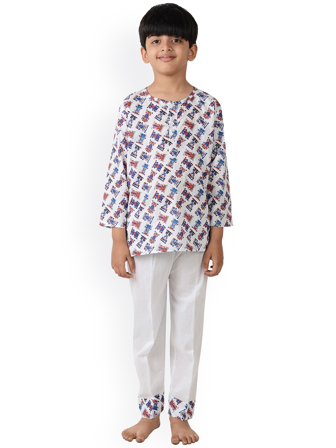 

frangipani Unisex Kids White & Red Rocking Racers Printed Night suit
