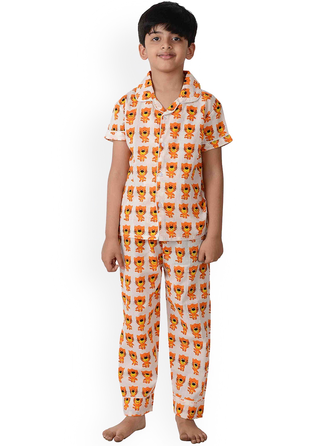 

frangipani Kids White & Orange Animal Printed Pure Cotton Night suits