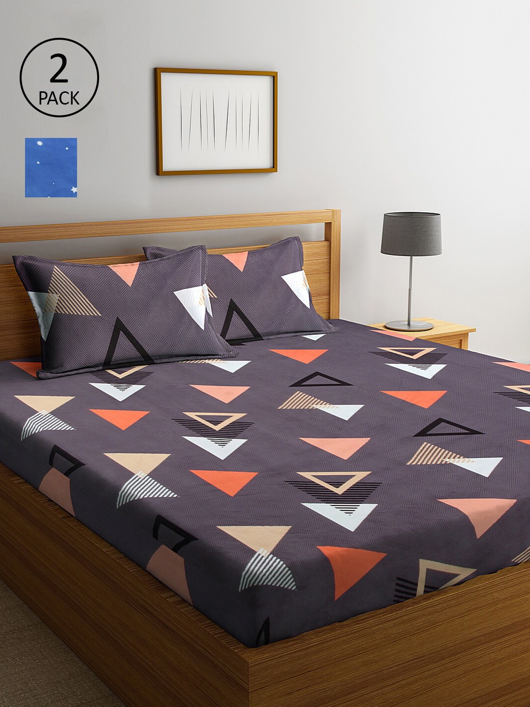 

KLOTTHE Set Of 2 Blue & Grey Geometric 300 TC King Bedsheet with 4 Pillow Covers