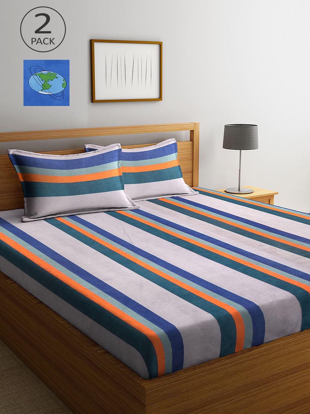 

KLOTTHE Blue & Mauve Striped 210 TC 2 King Bedsheet with 4 Pillow Covers