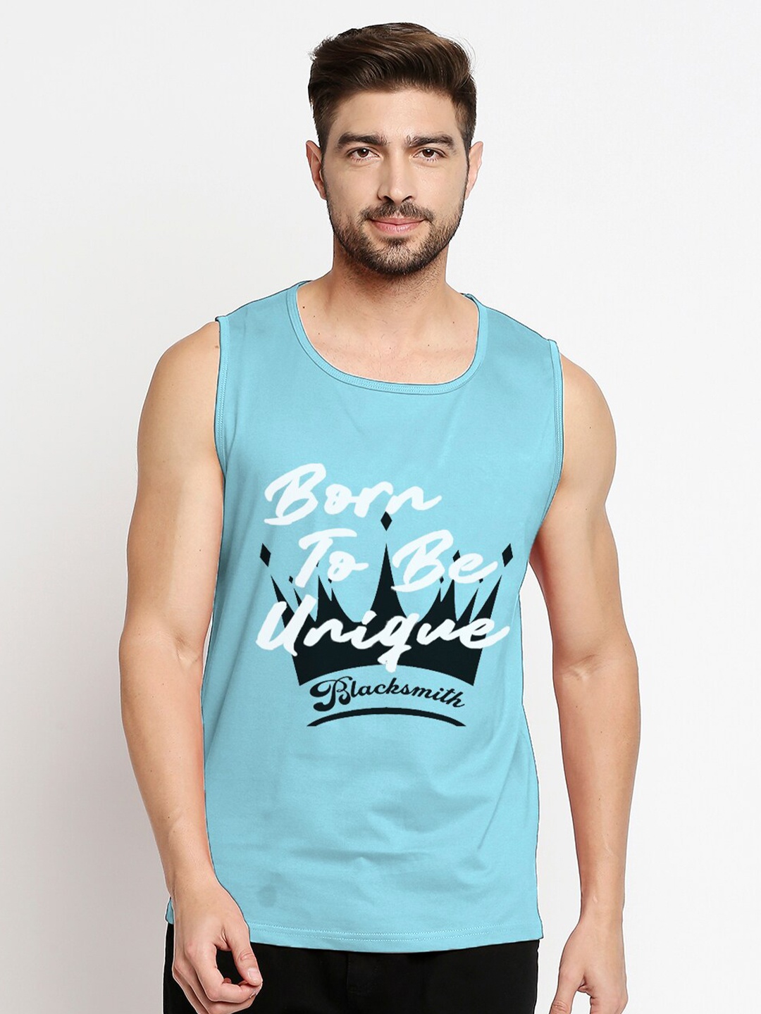 

Blacksmith Men Turquoise Blue Printed Regular Fit Training or Gym Cotton T-shirt