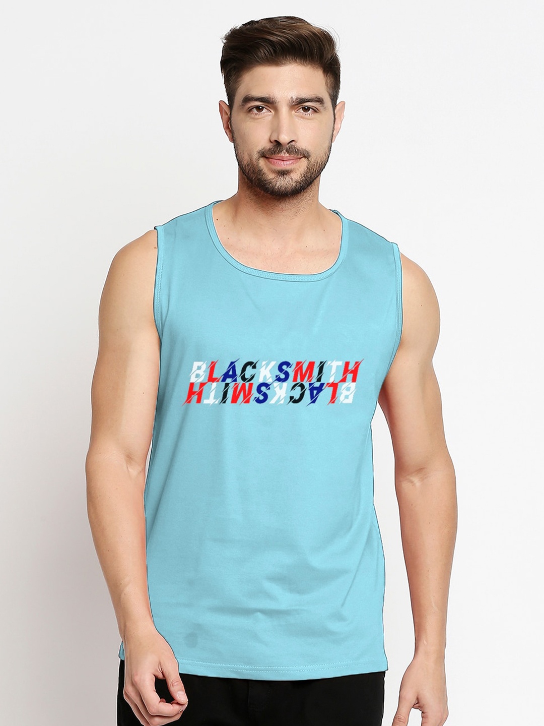 

Blacksmith Men Blue & Red Printed Round Neck Cotton Training or Gym T-shirt