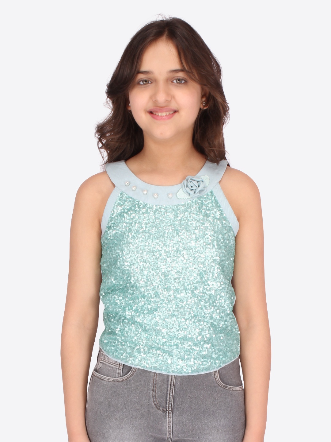 

CUTECUMBER Sea Green Sequinned Embellished Georgette Top