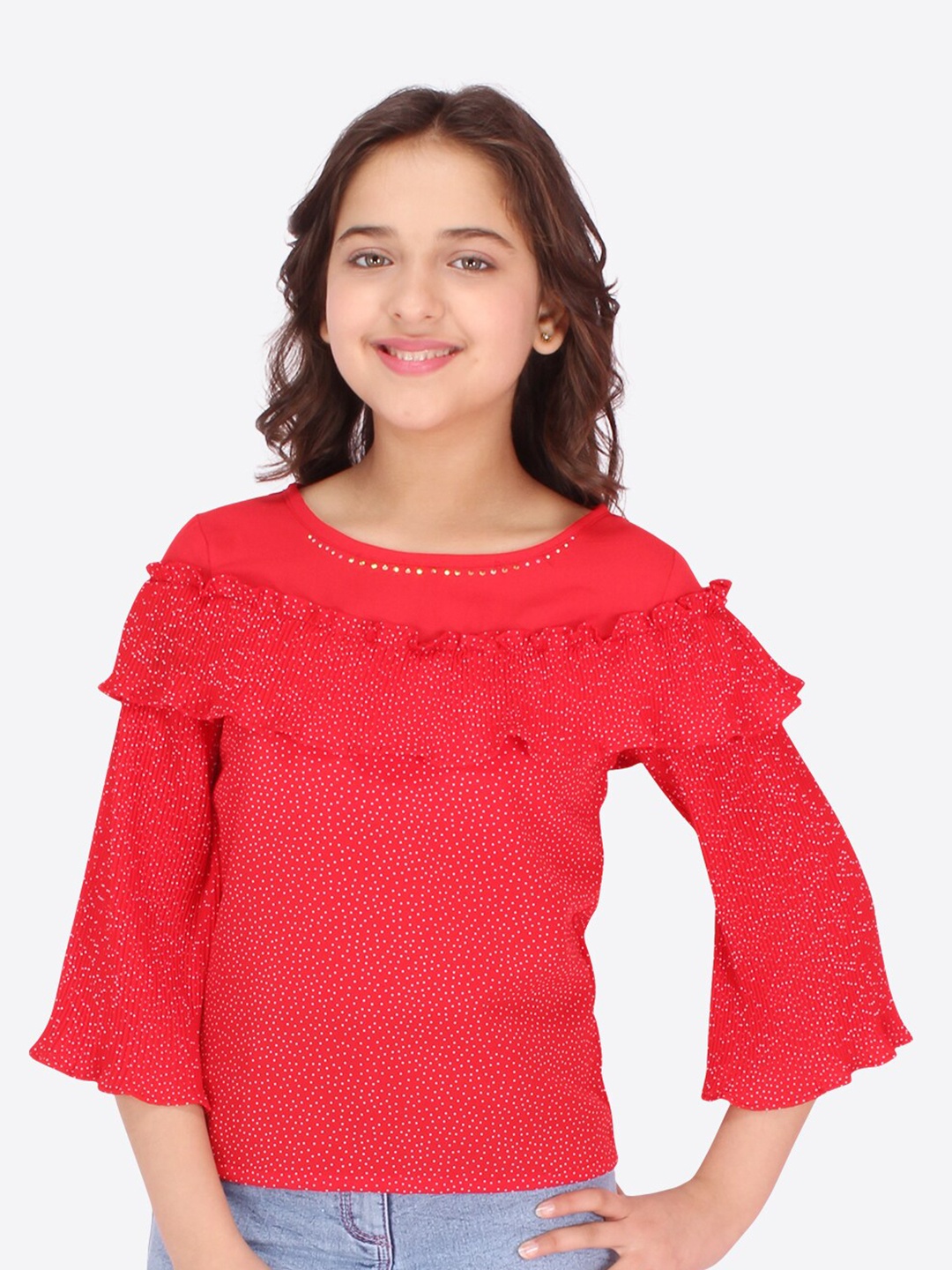 

CUTECUMBER Red Polka Dots Printed Georgette Top