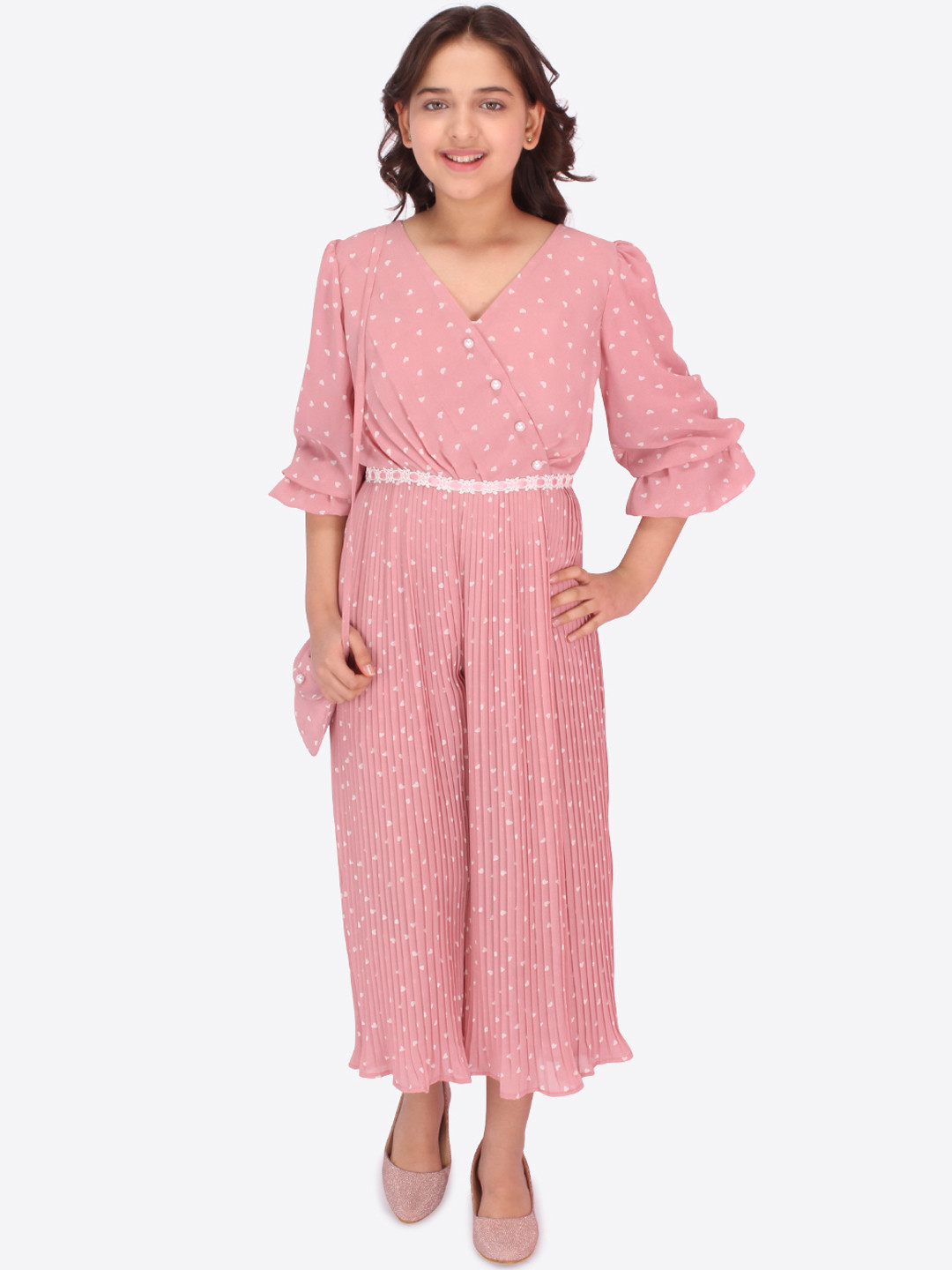 

CUTECUMBER Girls Pink & White Printed Culotte Jumpsuit with Sling Bag