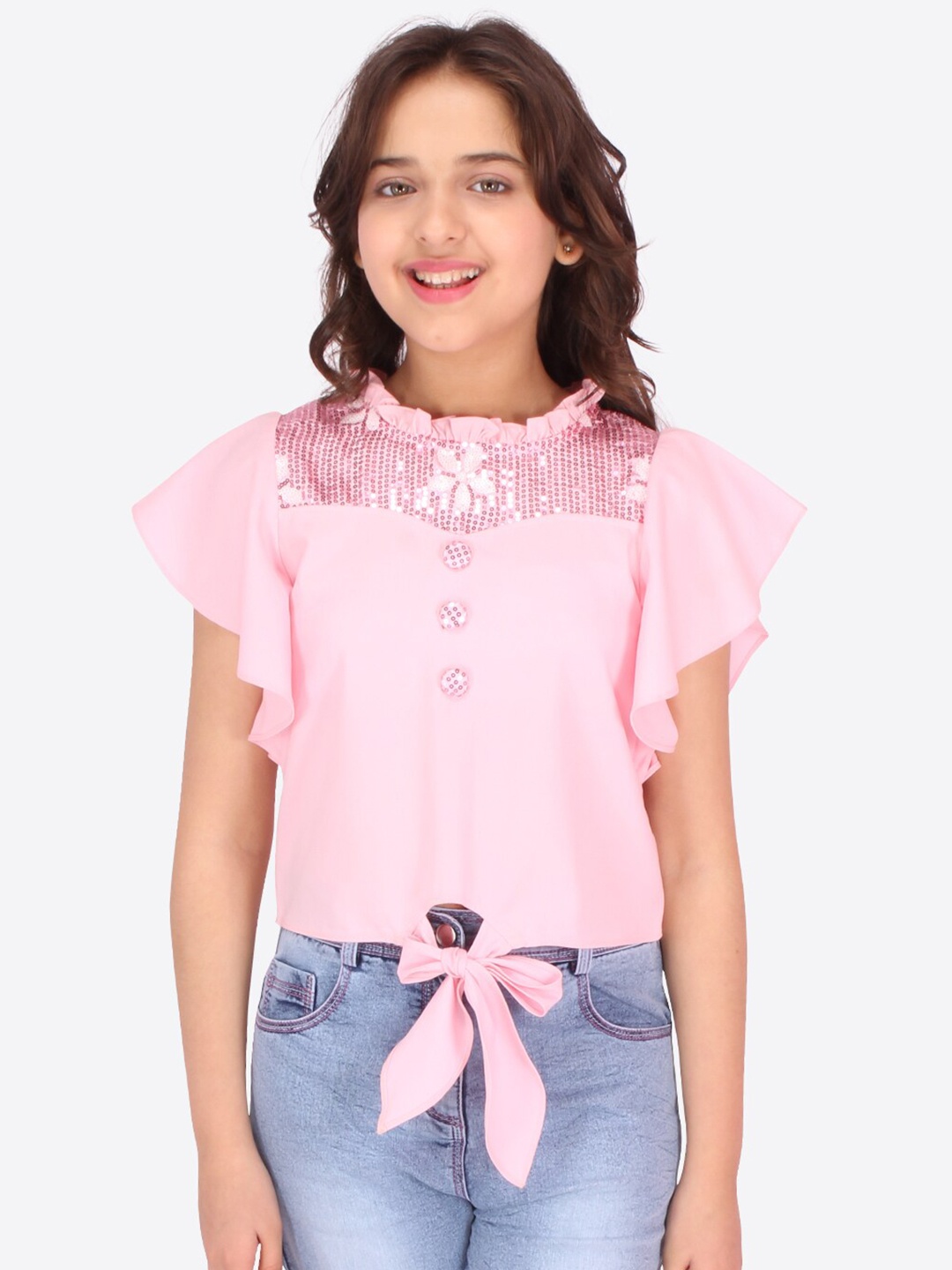 

CUTECUMBER Girls Pink Sequined Georgette Top