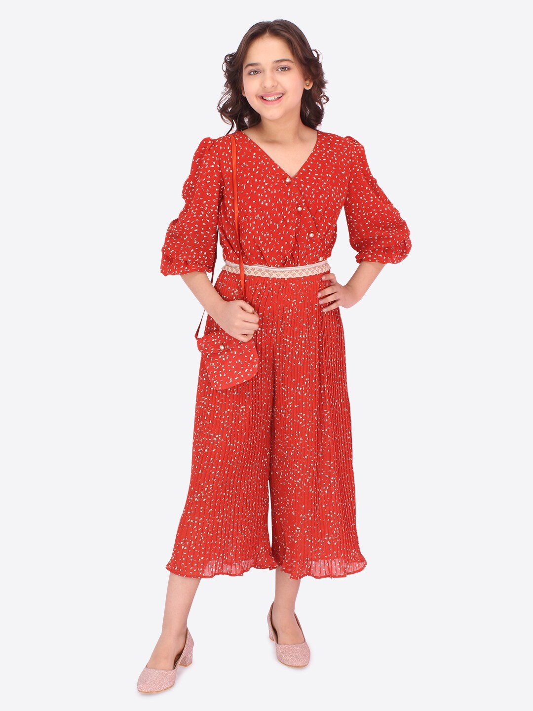 

CUTECUMBER Girls Red Printed Culotte Jumpsuit