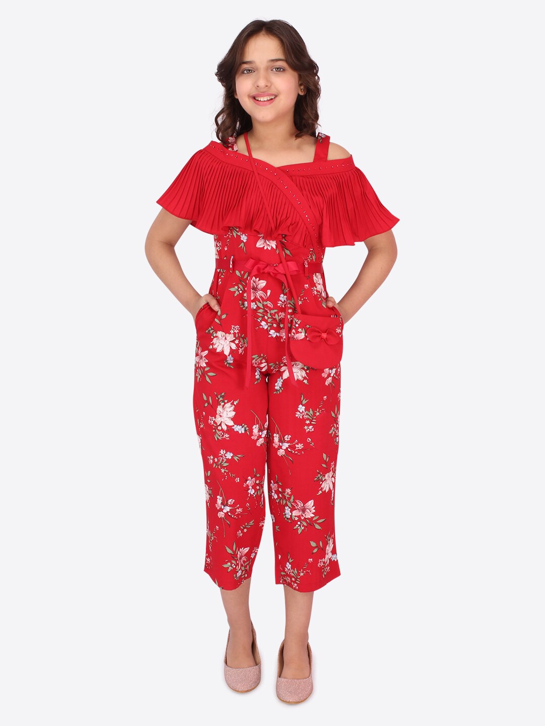 

CUTECUMBER Girls Red Off-Shoulder Printed Culotte Jumpsuit