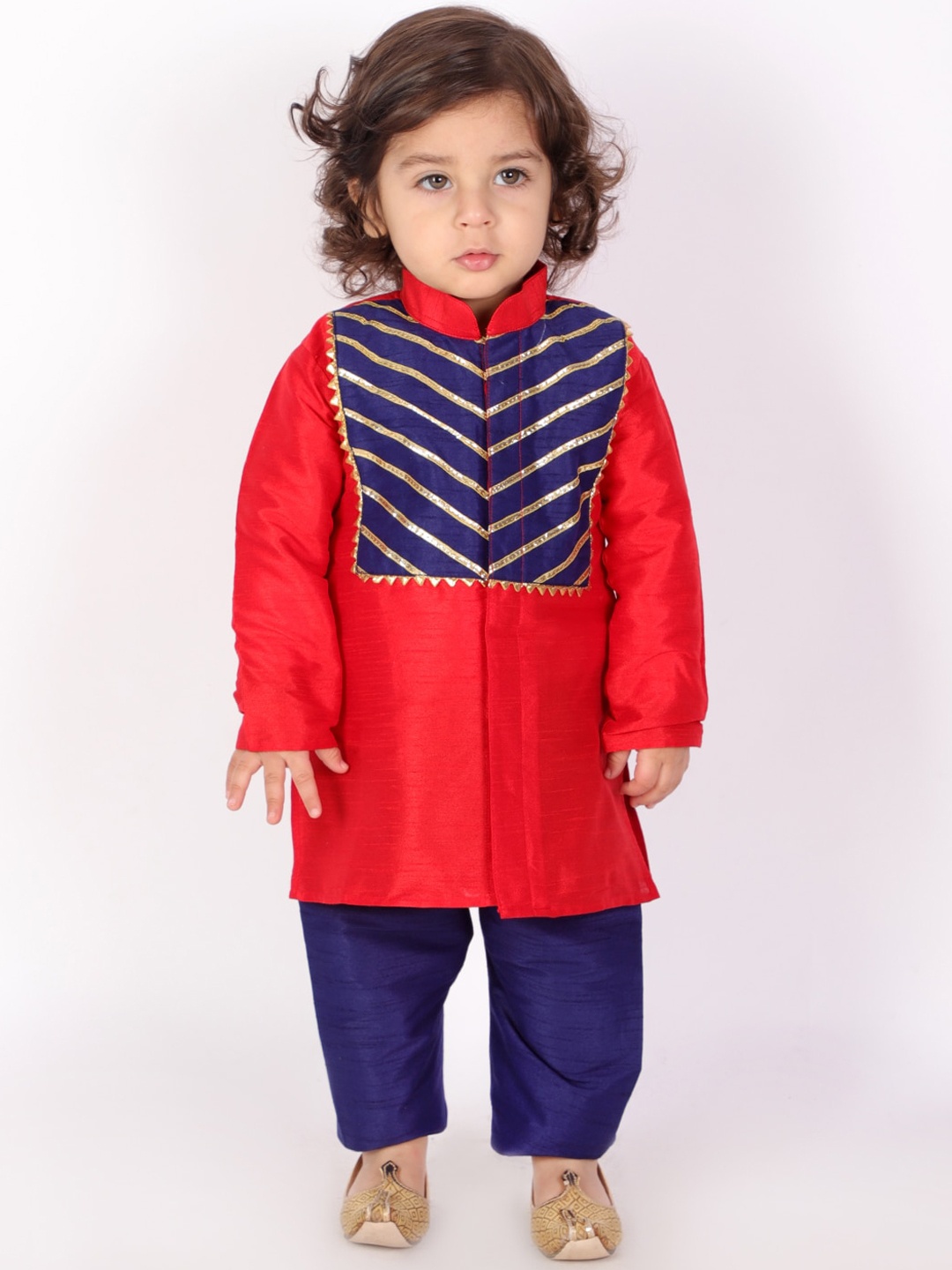 

KID1 Boys Red & Navy Blue Striped Gotta Patti Kurta with Salwar