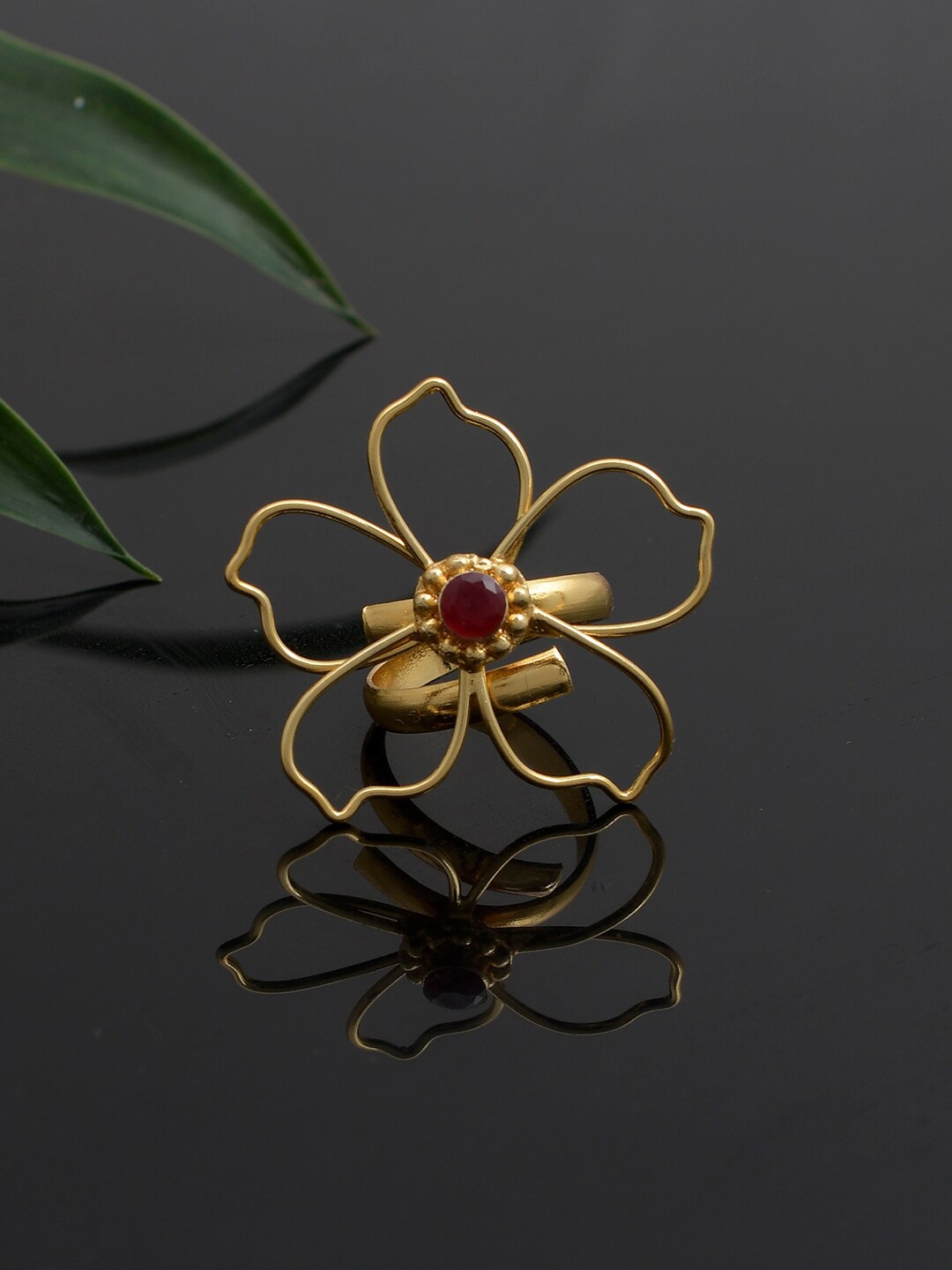 

Silvermerc Designs Gold-Plated Red Stone Studded Adjustable Finger Ring