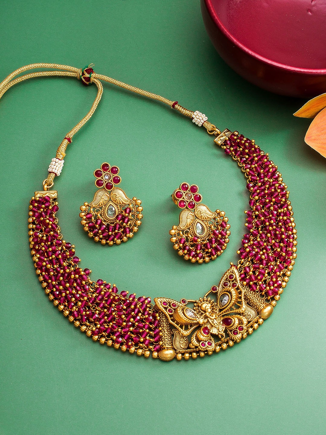 

aadita Gold-Plated Pink Kundan & Pearls-Studded Jewellery Set