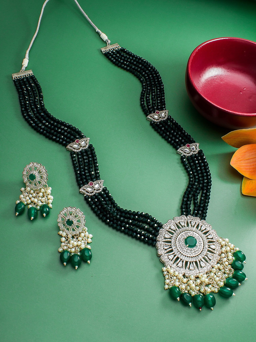 aadita Gold-Plated Kundan Stone Studded & Beaded Temple Jewellery Set