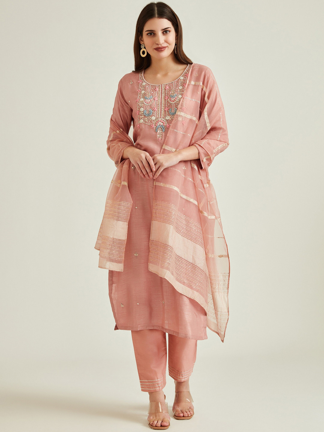

Neerus Women Mauve Ethnic Motifs Embroidered Chanderi Silk Kurta with Trousers