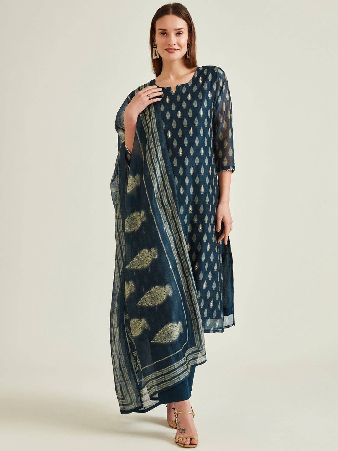 

Neerus Women Navy Blue Ethnic Motifs Printed Kurta with Trousers