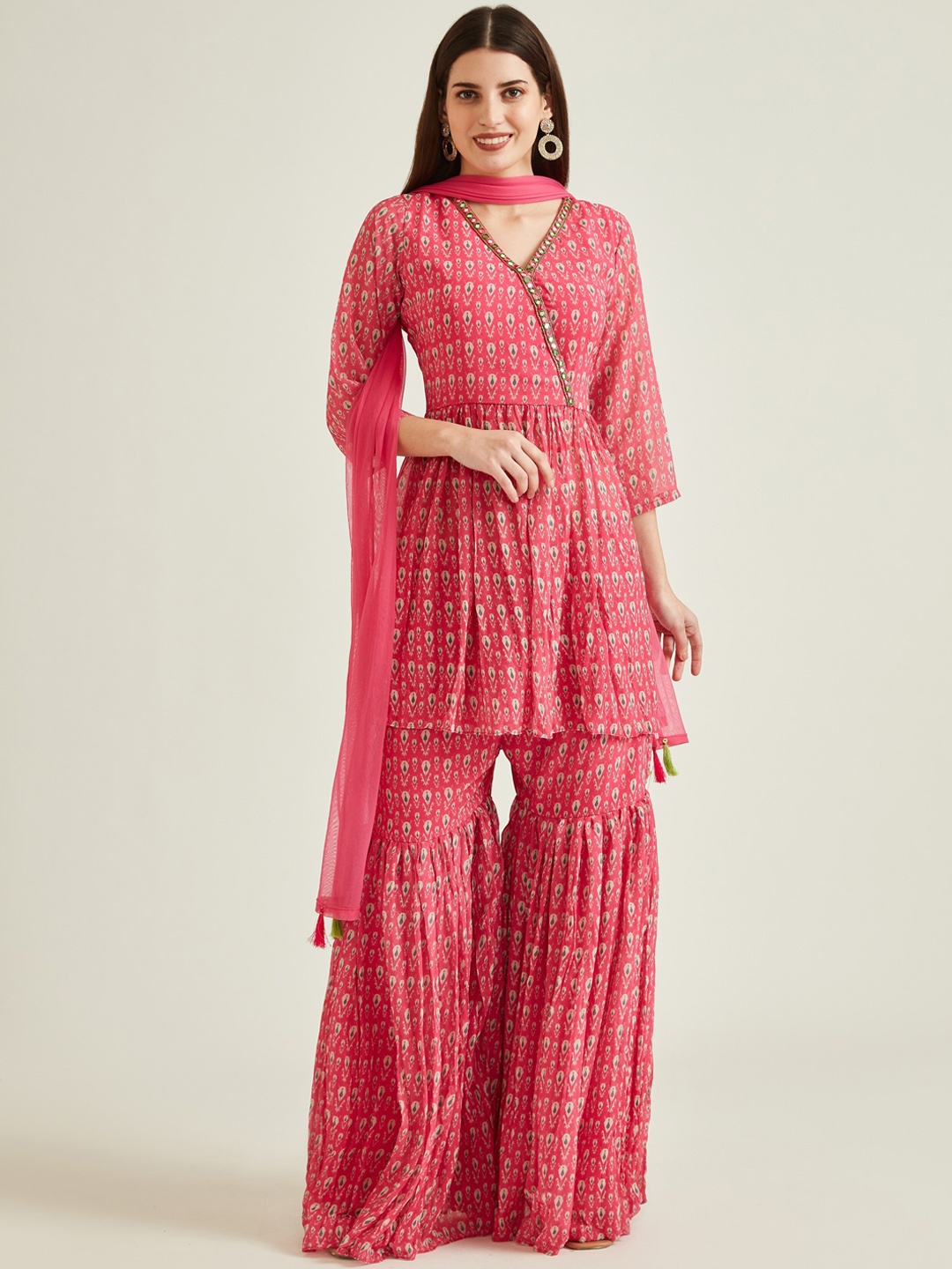 

Neerus Women Pink Floral Striped Gotta Patti Kurta with Sharara