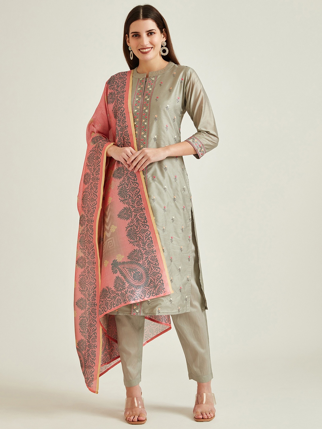 

Neerus Women Grey Floral Thread Work Chanderi Silk Kurta with Trousers & Dupatta