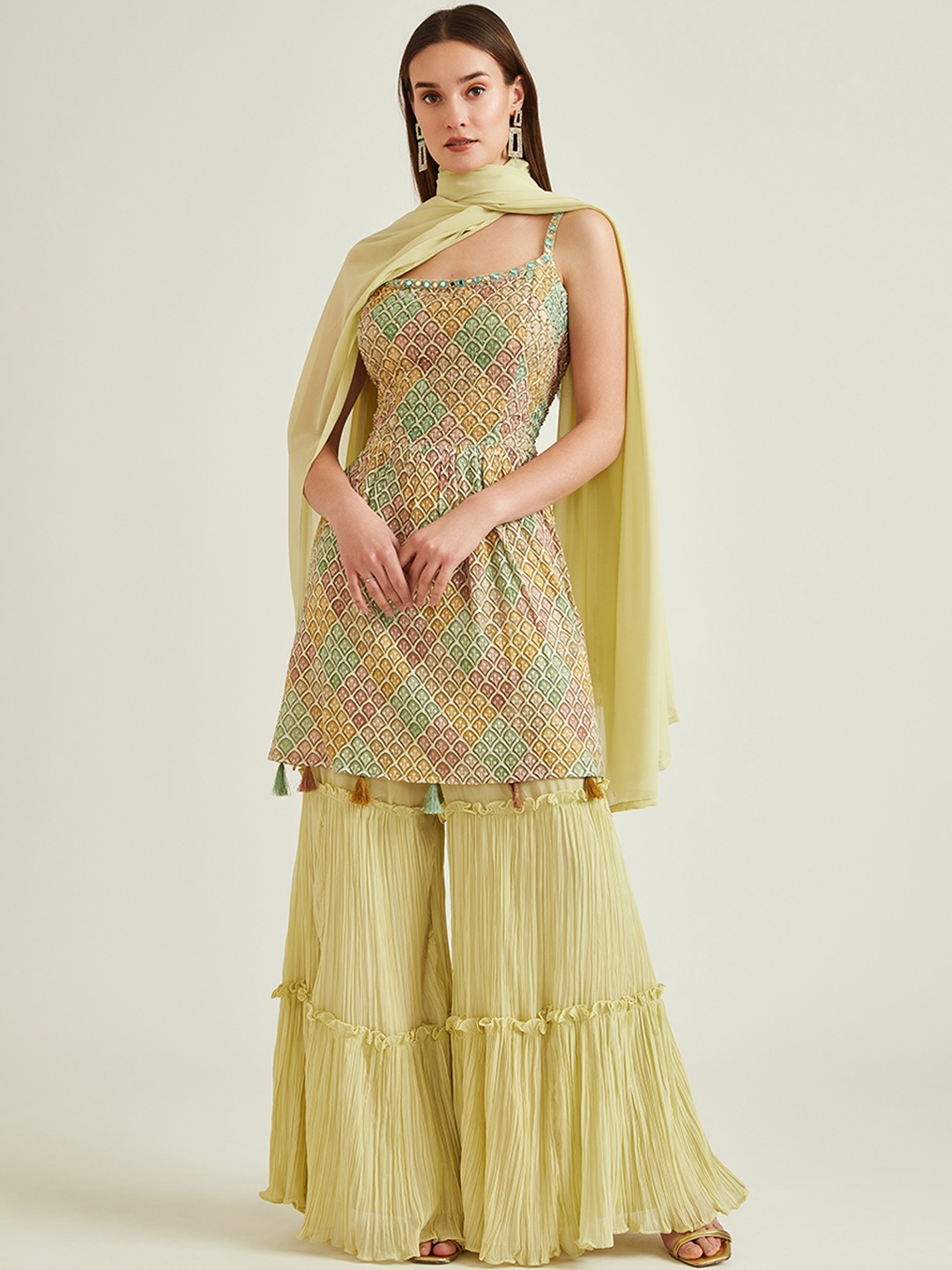 

Neerus Women Green Printed Sequinned Kurta with Sharara & With Dupatta