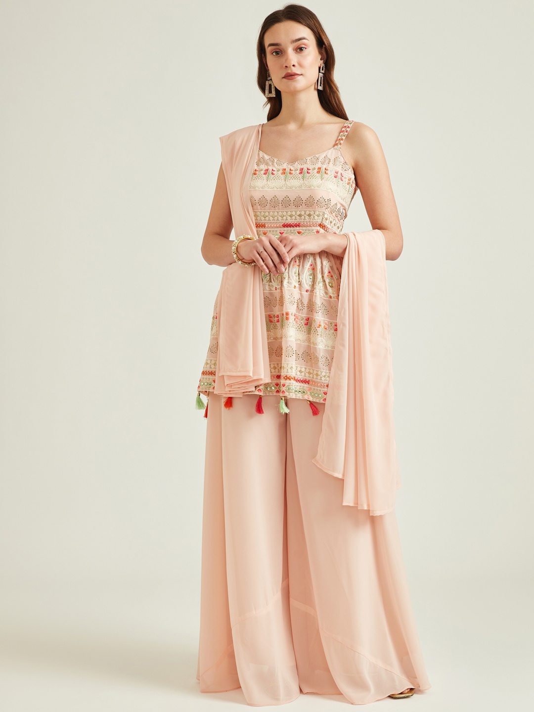 

Neerus Women Peach-Coloured Ethnic Motifs Embroidered Kurta with Palazzos & With Dupatta