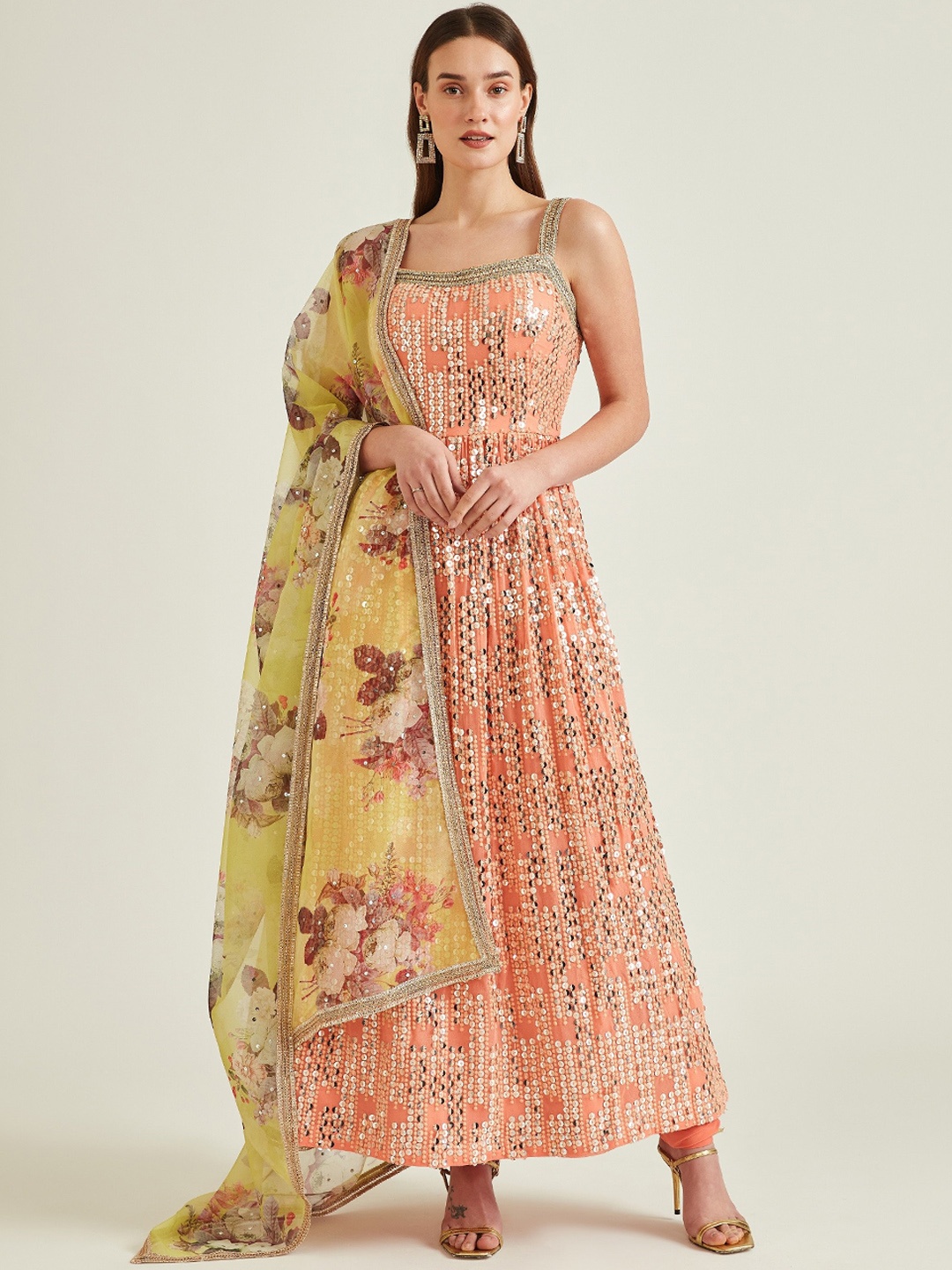 

Neerus Women Peach-Coloured & Yellow Ethnic Motifs Beads & Stones Kurta Churidar & Dupatta