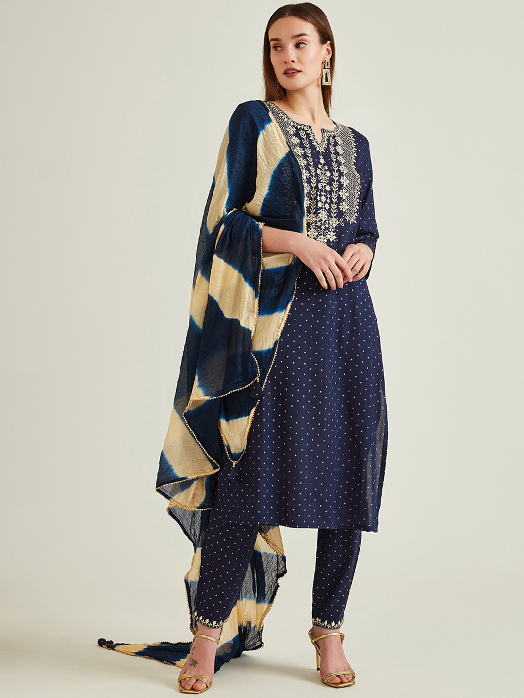 

Neerus Women Navy Blue Ethnic Motifs Embroidered Mirror Work Kurta with Trousers & With Dupatta