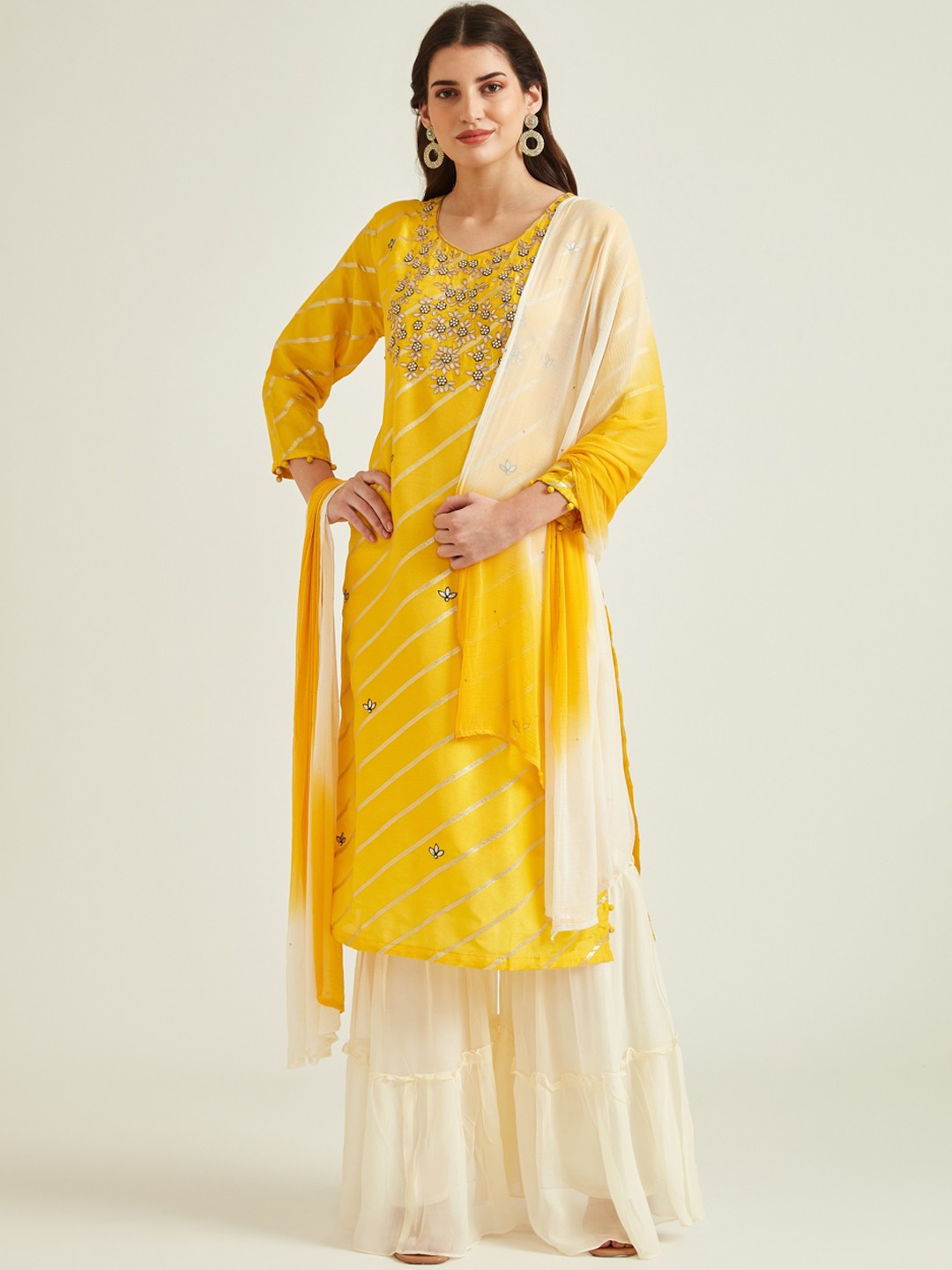 

Neerus Women Yellow & Off-White Ethnic Motifs Embroidered Kurta with Sharara & Dupatta