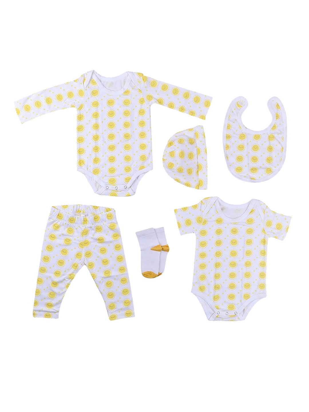 

Moms Home Unisex Kids Yellow & White Set Of 6 Printed T-shirt and Shirt with Pyjamas Gift Set