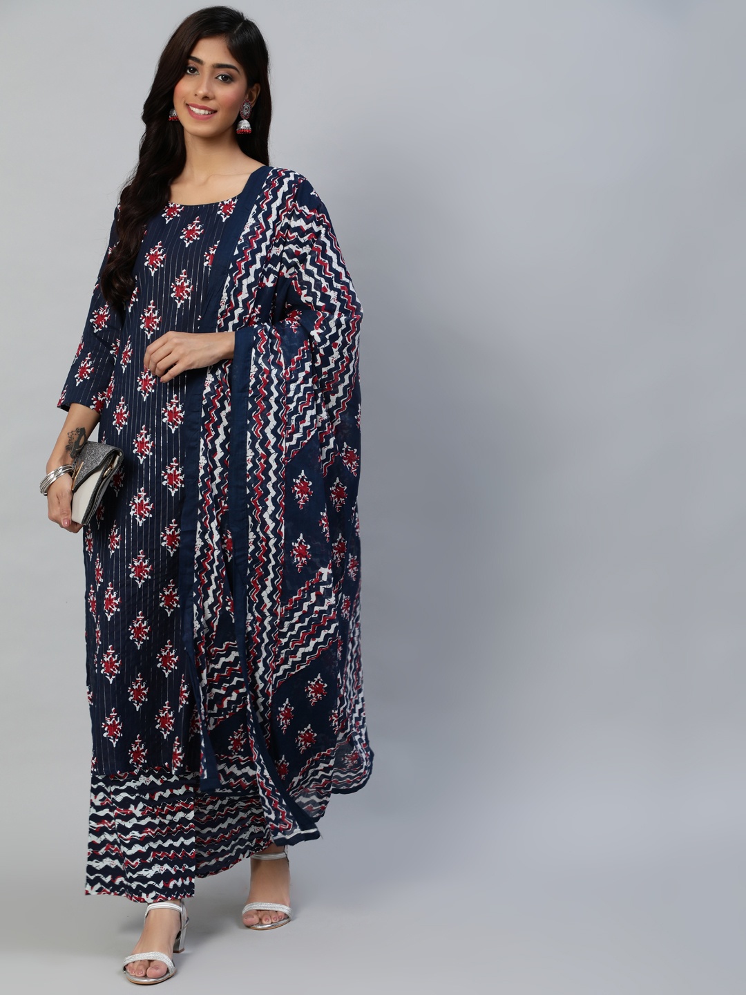 

Nayo Women Blue & Red Ethnic Motifs Printed Pure Cotton Kurta with Palazzos & Dupatta