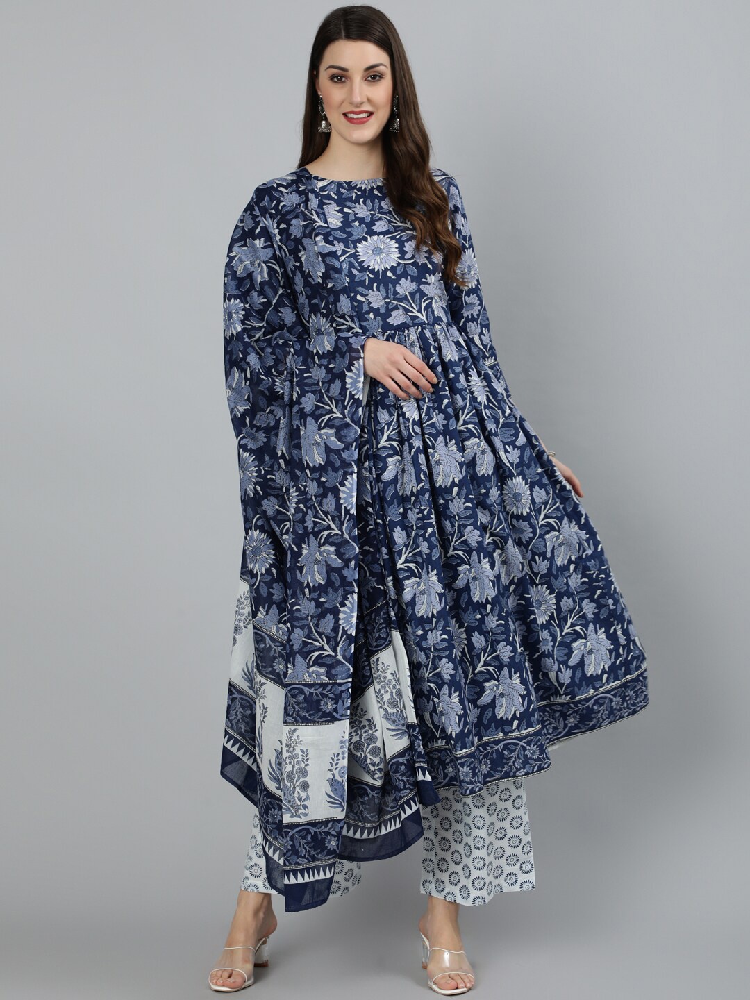 

Nayo Women Blue Floral Printed Anarkali Kurta with Trousers & Dupatta