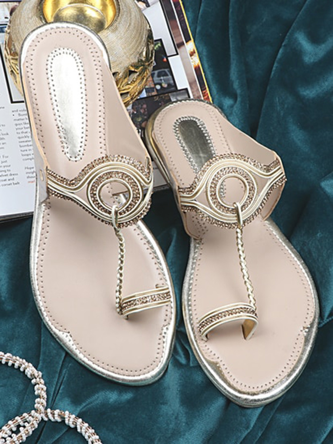 

THE WHITE POLE Women Golden Embellished Leather Ethnic One Toe Flats, Gold