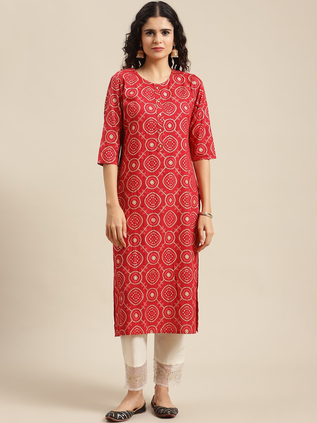 

KSUT Women Red Ethnic Motifs Printed Mirror Work Kurta
