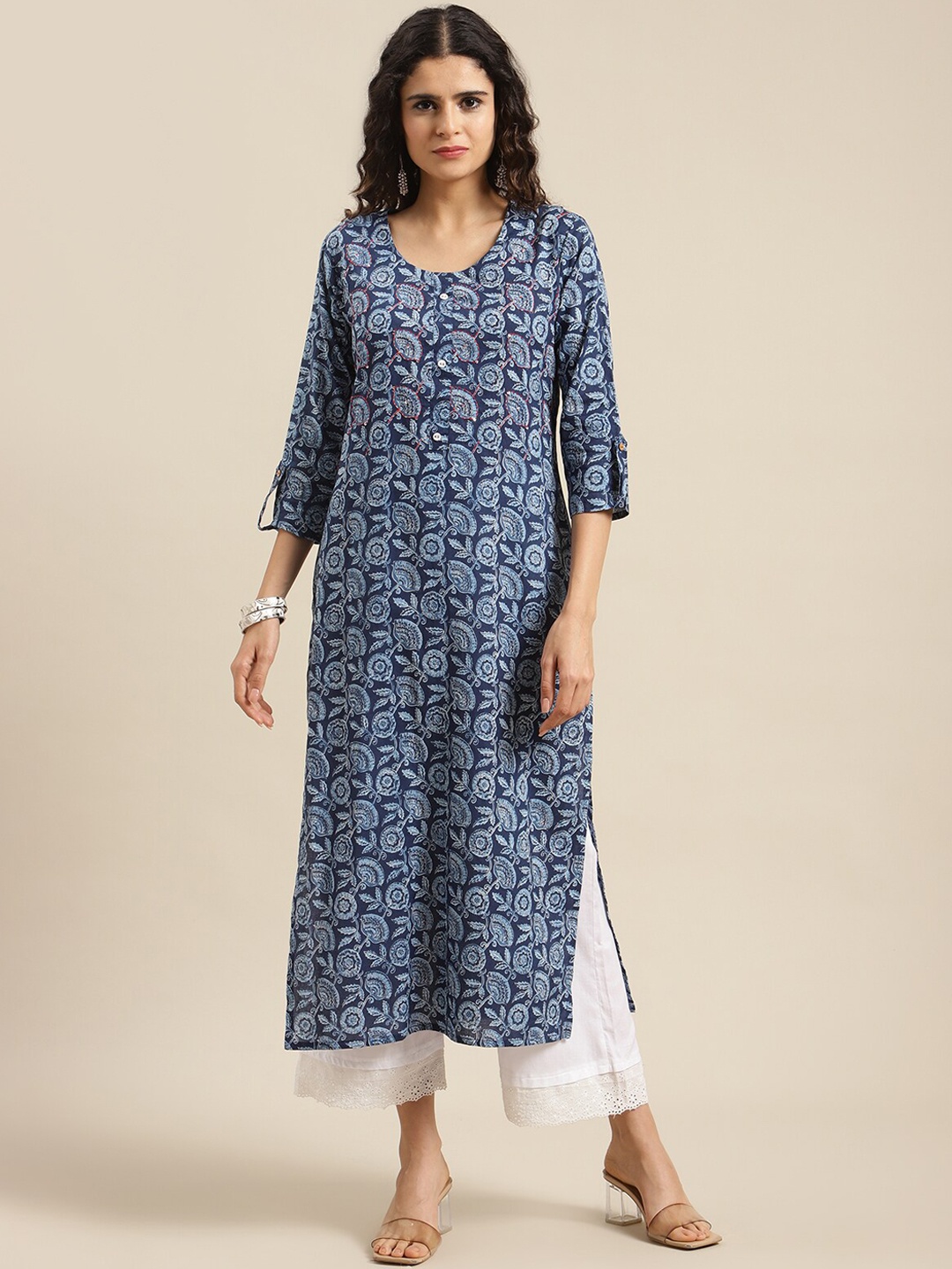 

KSUT Women Blue & White Floral Printed Mirror Work Kurta