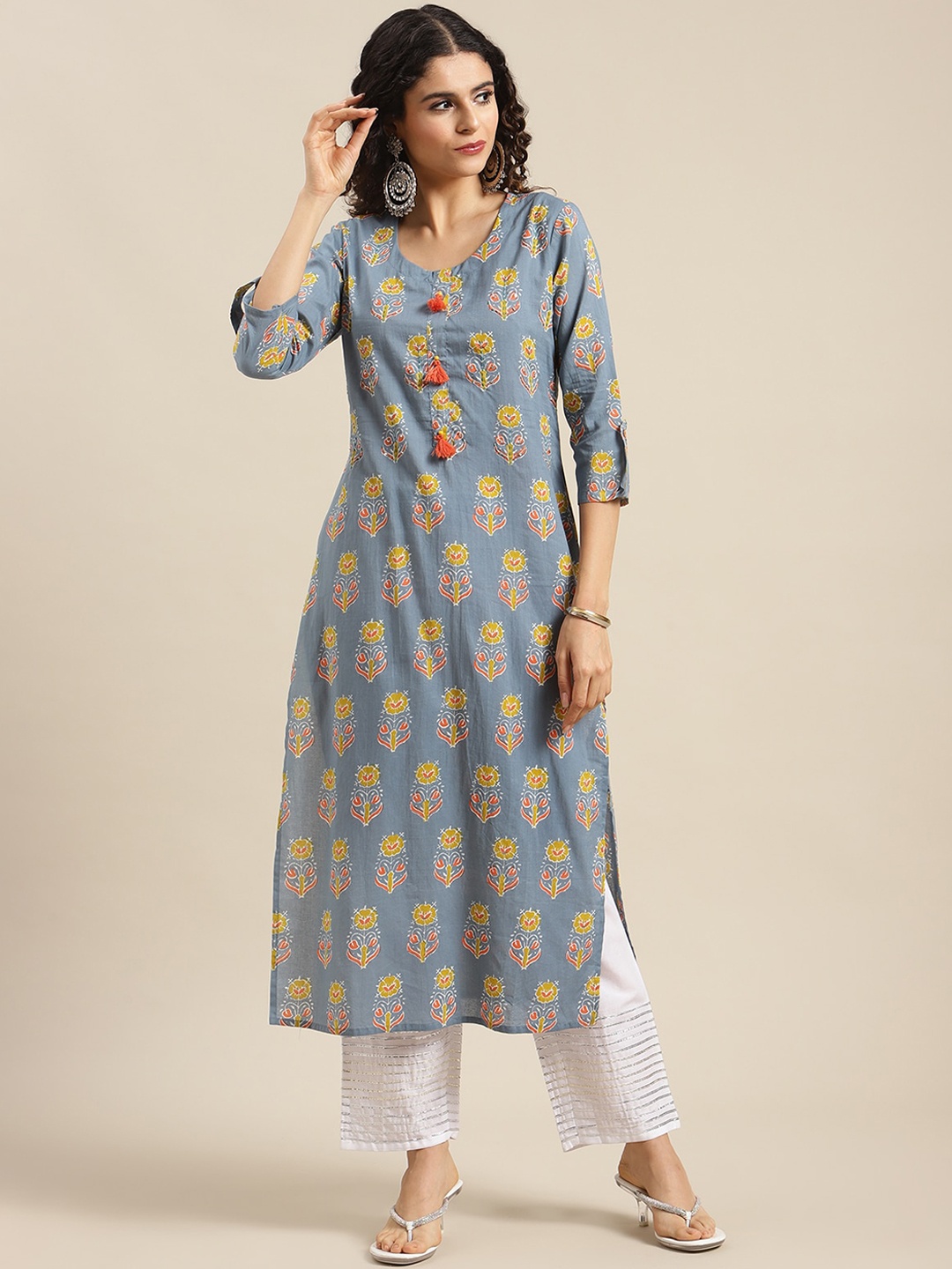 

KSUT Women Grey & Yellow Floral Printed Kurta