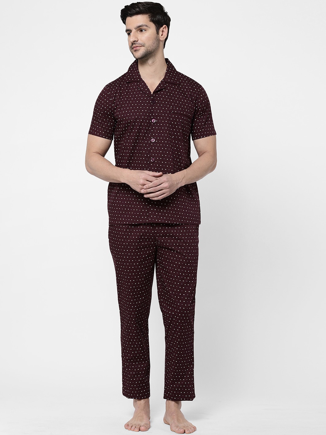 

Sweet Dreams Men Maroon & White Printed Pure Cotton Night suit