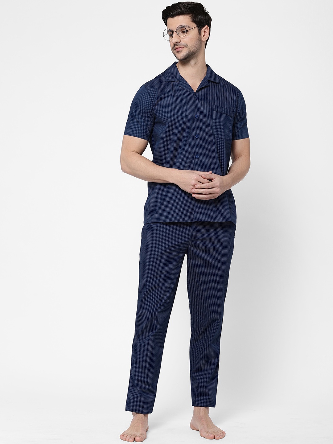 

Sweet Dreams Men Navy Blue Printed Cotton Night Suit